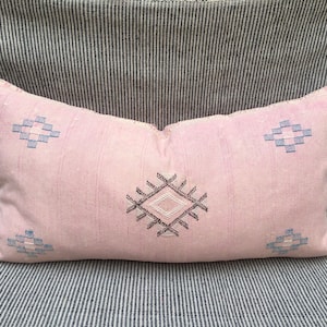 Light Pink Cactus Silk 38”x19” Lumbar Pillow Throw | Moroccan Cushion Cover | Optional Inner Pillow Cover Handwoven | Bohemian Lumbar