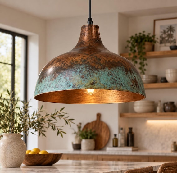 Green Patina Copper Pendant Light, Moroccan Lighting, Pendant Lights for Kitchen Island, Handmade Hammered Ceiling Light