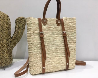 Straw Basket Backpack | Trendy Beach Tote Bag Leather Handles | Handmade French Market Basket Bag | Moroccan Shopping Basket Straw Bag