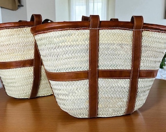 Handwoven straw basket bag | Leather Handles Tote | Moroccan Straw Bag | French Market Basket Bag | Beach Bag | Gift for Her