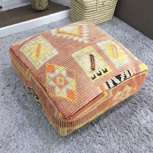 Morrocan Floor Cushion 24x24 | Vintage Moroccan Kilim Floor Pillow | Berber Ottoman Wool Pouf