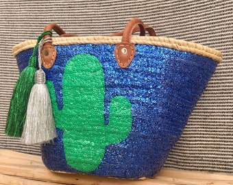 Woven Straw Basket Bag Majorelle Blue Sequins Leather Handles