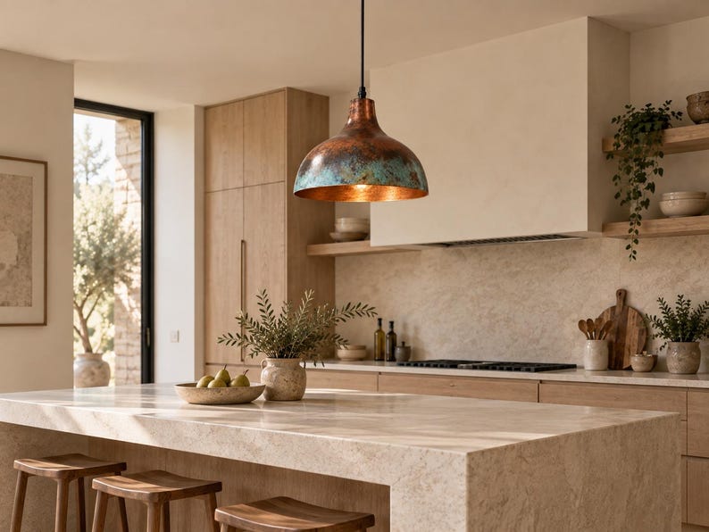 May include: A dome-shaped pendant light fixture featuring a metallic copper exterior with a weathered, oxidized teal patina finish. The interior of the shade is polished copper, suspended from a thin black cord centered above a kitchen island.