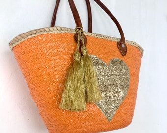Handmade Raffia Tote Bag, Leather Handles, Palm Leaf, Sequin Heart
