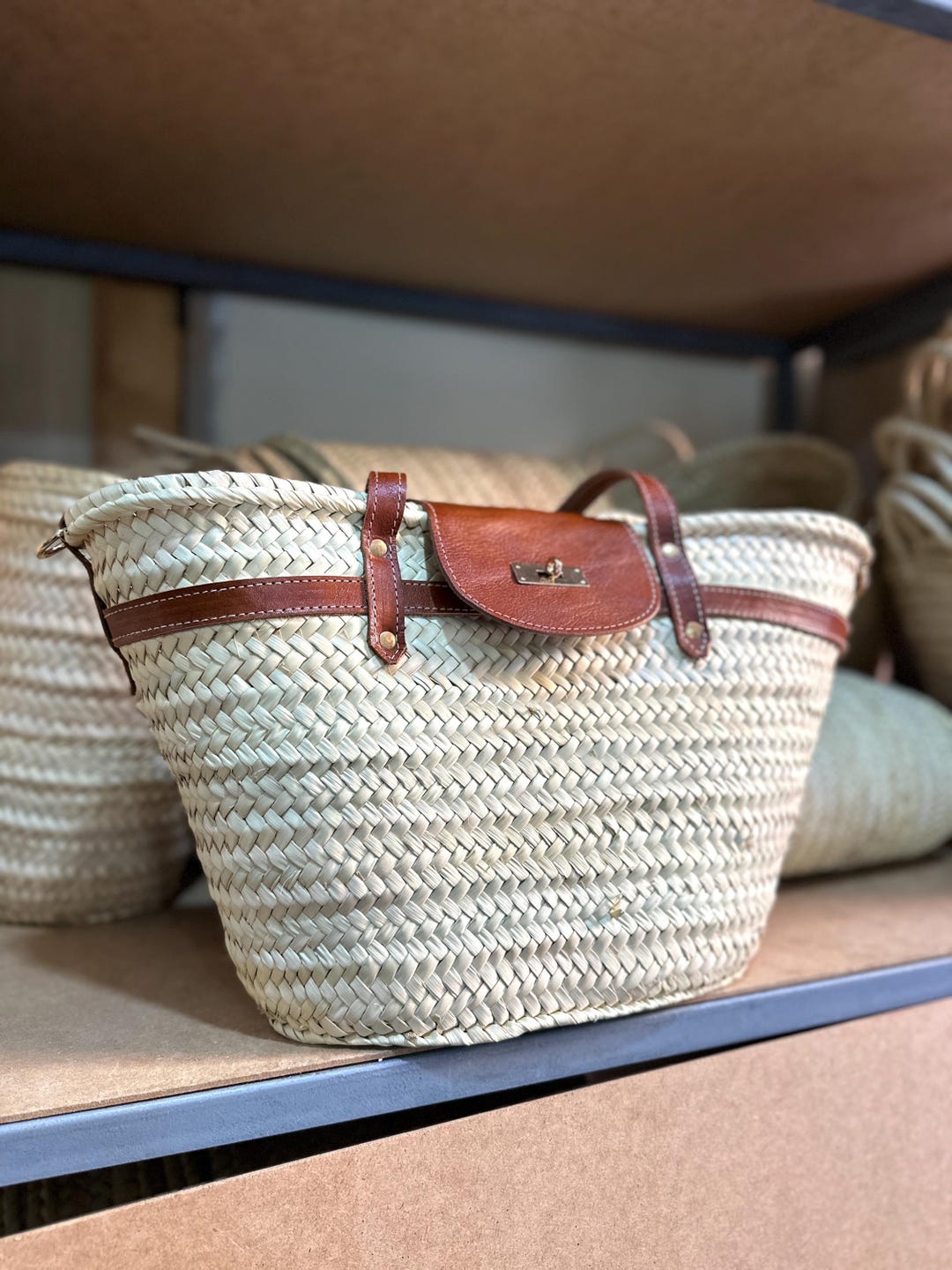 Handmade Moroccan Straw Tote Bag: Leather Handles & Linen Pouch - Etsy