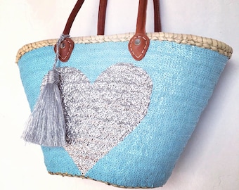 Sequin Heart Straw Market Basket | Handmade Leather Handle Tote