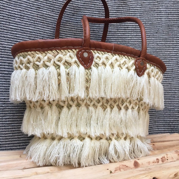 Woven Straw Basket Bag With Tassels Leather Handles | French Market Bag | Beach Bag | Shopping Bag | Bridesmaids Gifts