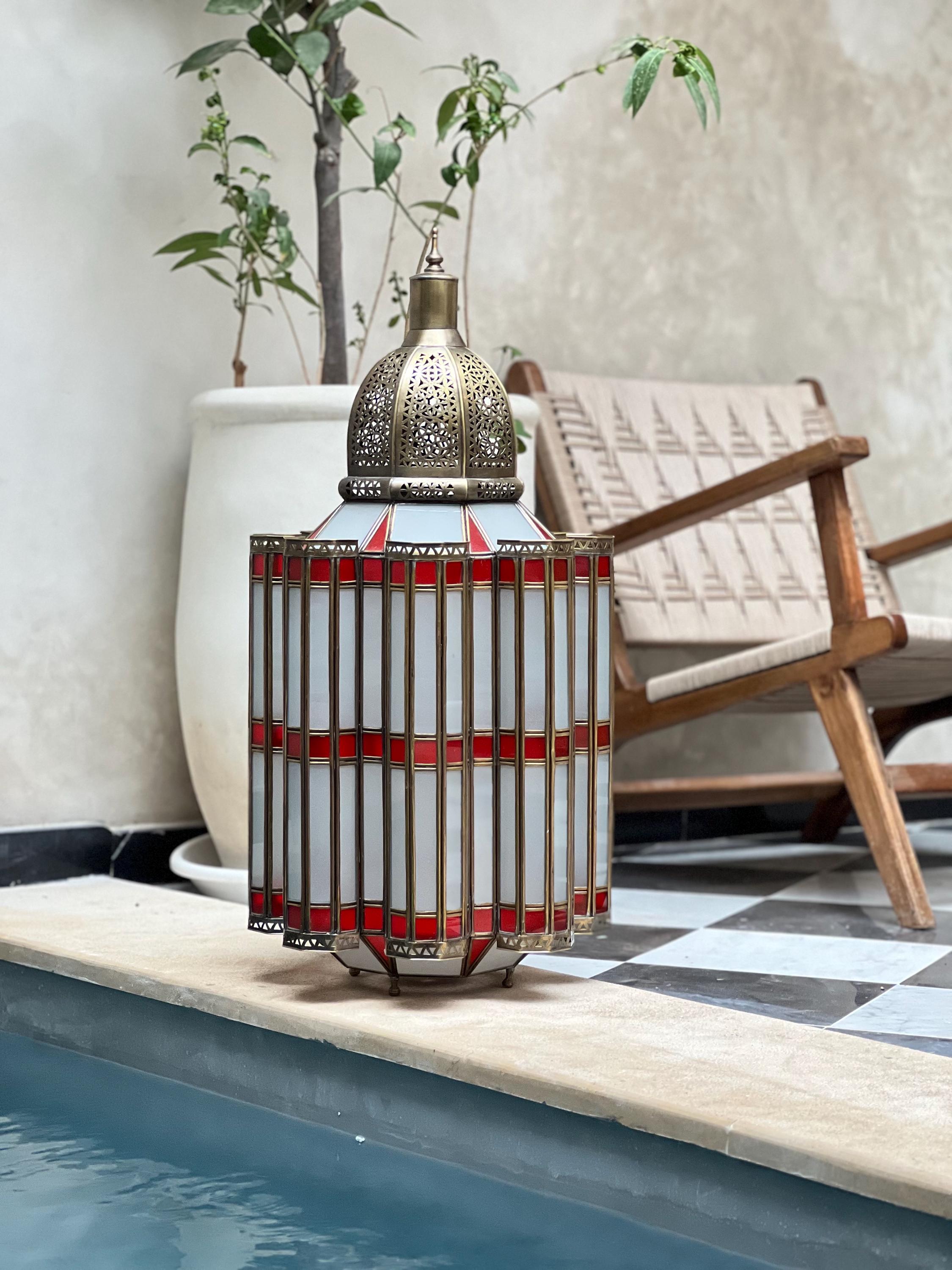 Handmade Moroccan Floor Lantern – Frosted Glass & Red Accent Brass