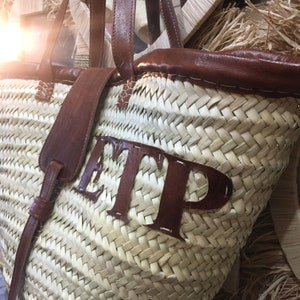 Custom Woven Straw Basket Bag Leather Initials | French Market Bag | Personalized Moroccan Straw Bag