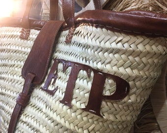 Custom Woven Straw Basket Bag Leather Initials | French Market Bag | Personalized Moroccan Straw Bag
