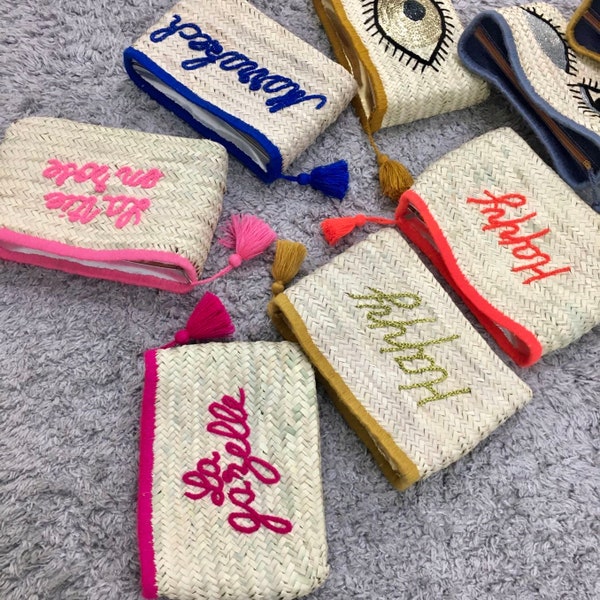 Lot of 5 Personalized Straw Clutch Bag | Handmade Moroccan Doum Clutch | Straw Handbag | Make Up Pouch | Monogrammed Clutch | Beach Bag