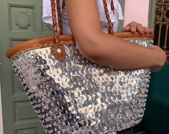 Handmade Moroccan Straw Bag – Silver Sequin Boho Basket Bag – Unique Daily Tote – Market Bag with Leather Handles