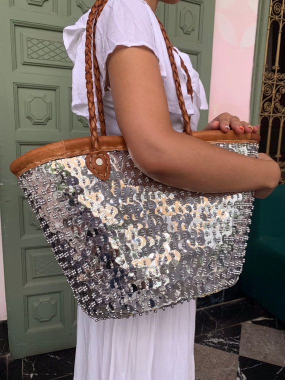 Handmade Moroccan Straw Bag – Silver Sequin Boho Basket Bag – Unique Daily Tote – Market Bag with Leather Handles