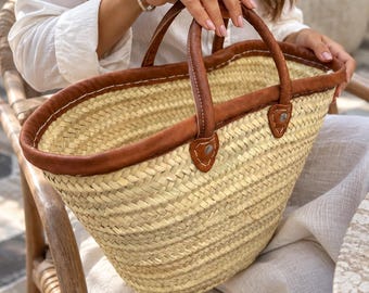 Lot of 20 straw bag | Moroccan Handwoven Straw Basket bag with leather handles | Beach Bag | Grocery Basket | Gift for her