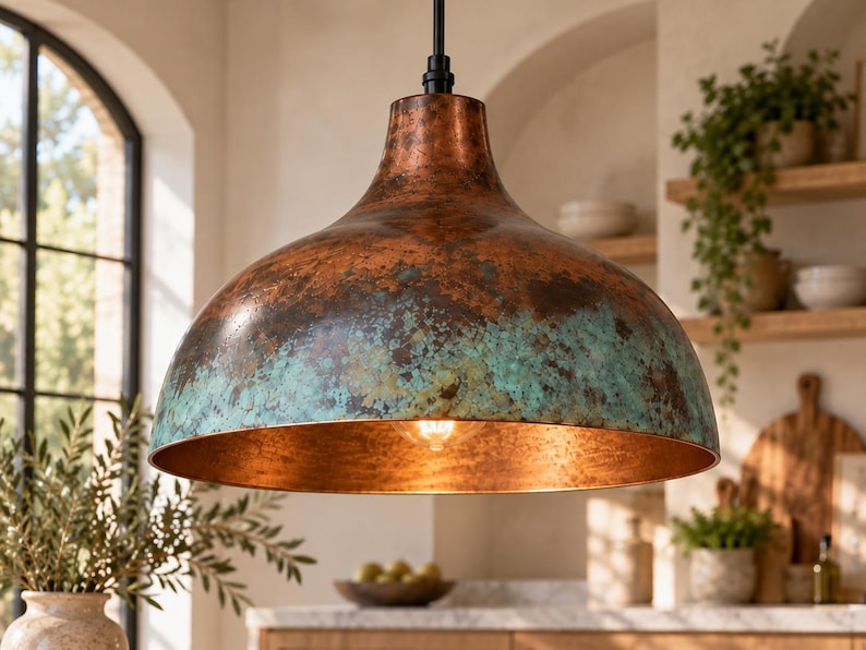May include: A dome-shaped pendant light fixture with a weathered copper finish featuring prominent teal and green oxidation patches. The interior of the metal shade is a smooth, polished copper tone, and a single light bulb is visible inside.