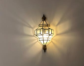Moroccan Wall Sconce ,Handmade Brass and Clear Glass Wall Light with Geometric Design