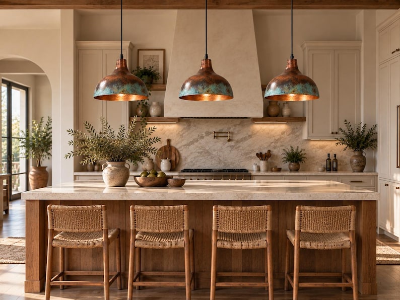 May include: Three dome-shaped pendant lights with a weathered copper and teal patina finish hang above a kitchen island. The lights feature a smooth, rounded exterior and a warm metallic interior, suspended by thin black cords from the ceiling.