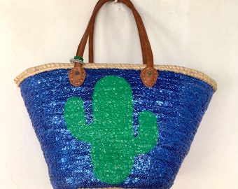 Woven Straw Basket Bag Majorelle Blue Sequins Leather Handles