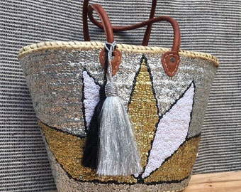 Sac panier en paille tissée paillettes cousues et poignées en cuir | Français Market Bag | Sac fourre-tout de plage | Sac panier marocain