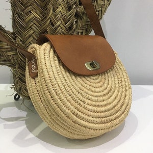 Round Raffia Bag With Adjustable Leather Handles | Straw Messenger Handbag |  Round Summer Crossbody Bag | Cell Phone Crossbody