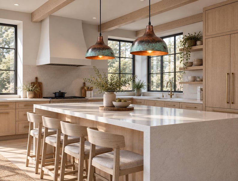 May include: Two dome-shaped pendant lights with a weathered copper and teal patina finish hang above a large kitchen island. The island features a white stone countertop and light wood cabinetry, paired with four wooden stools with beige cushions.