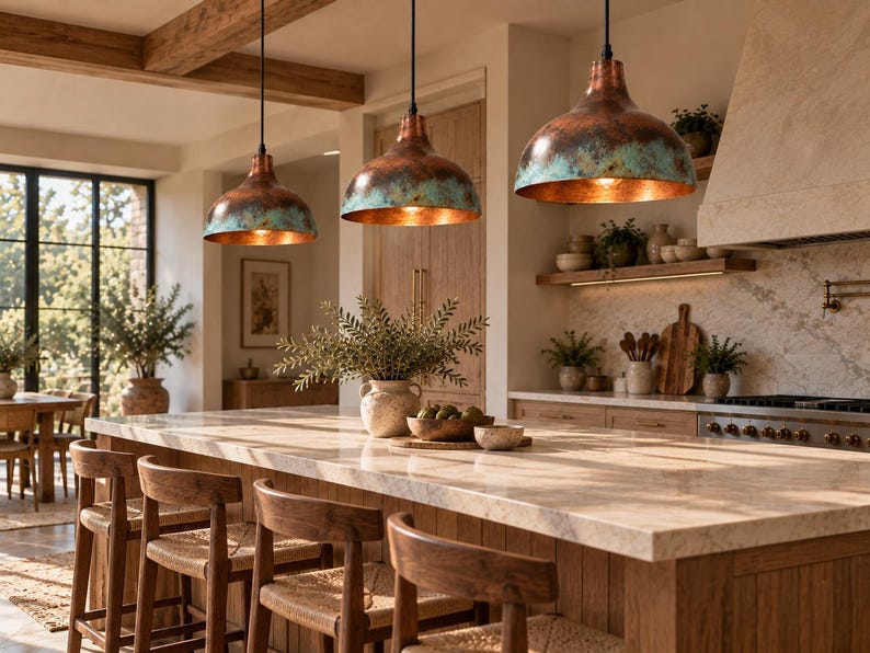 May include: Three dome-shaped pendant lights with a weathered copper and teal patina finish hang above a kitchen island. The lights feature a smooth, rounded silhouette with a metallic interior that reflects the warm glow of the light bulbs.
