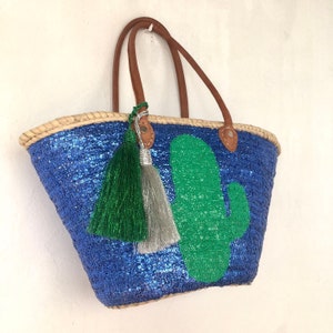 Woven Straw Basket Bag Majorelle Blue Sequins Leather Handles | Moroccan Straw Bag sewn Sequins Cactus Motif | Beach Bag | Sparkle Tote Bag