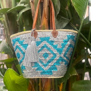 Straw Basket Bag Sequins Silver & Turquoise  | Moroccan Basket Bag | Beach Bag | Market Bag | Straw Shopping Bag | French Market Bag