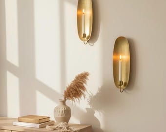Set of 2 Brass Candle Wall Sconce | Handmade Oval Candle Holder | Moroccan Wall Decor | Modern Rustic Candlelight | Multiple Sizes