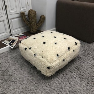 Floor Pouf 24x24 Polka Dot Black & White | Moroccan Beni Ourain Berber Floor Pillow | Shag Kilim Square Floor Cushion | Moroccan Decor