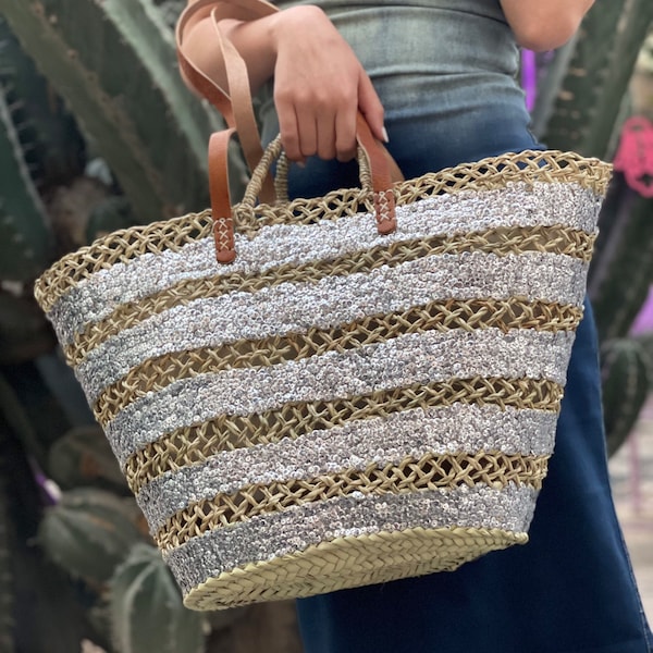 Bohemian Straw Bag silver Sequins Entirely Handmade | French Market Basket Bag | Summer Beach Tote Straw Bag | Shopping Basket Bag