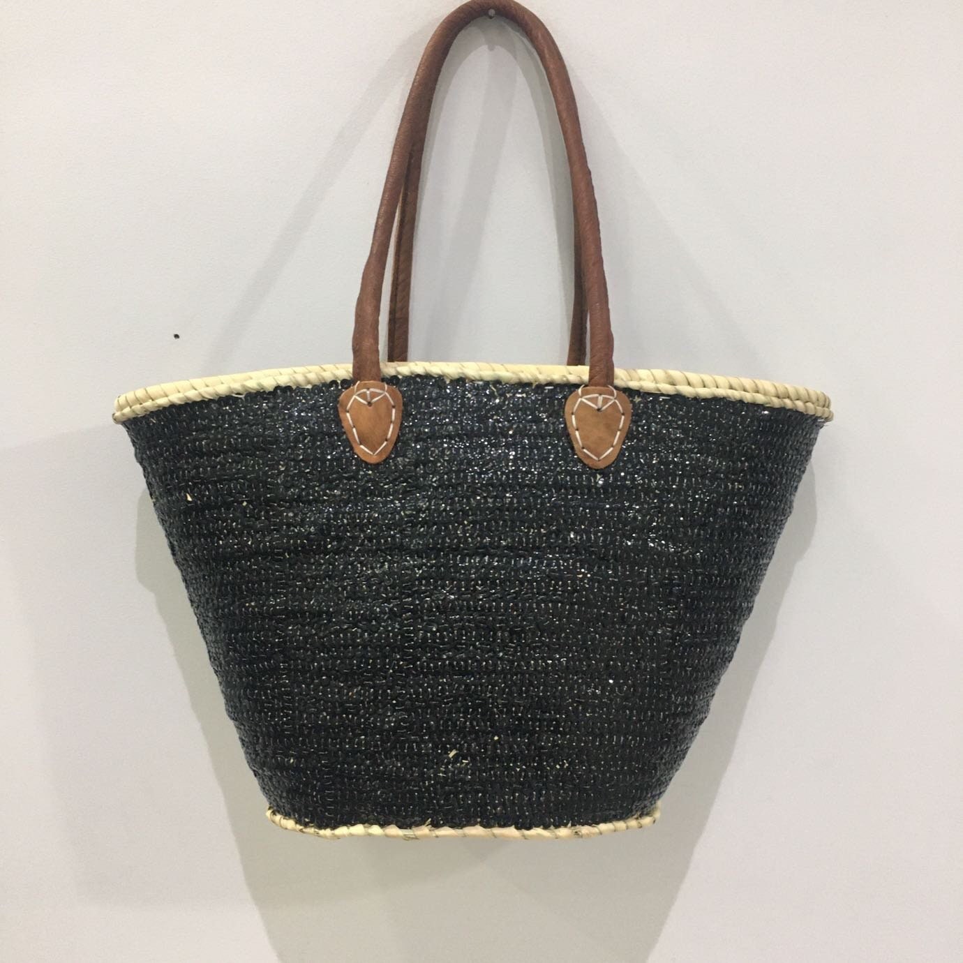 Straw Basket Bag Black Sequins Leather Handles | Moroccan Straw Basket ...