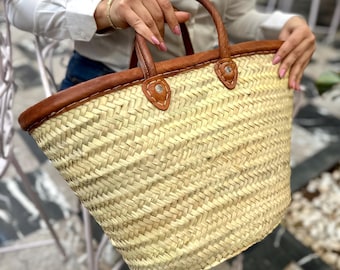 Lote de 20 bolsos de paja / Bolso de paja tejido a mano marroquí con asas de cuero / Bolso de playa / Cesta de comestibles / Regalo para ella