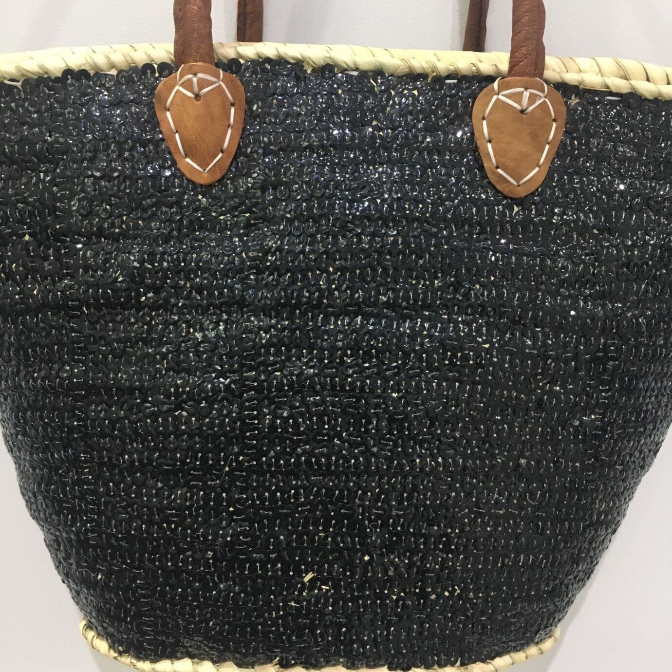 Straw Basket Bag Black Sequins Leather Handles | Moroccan Straw Basket ...