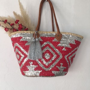 Sparkle Beach Bag | Beautiful Woven Straw Bag Sequins With Leather Handles | French Market Basket | Bridesmaid Gift