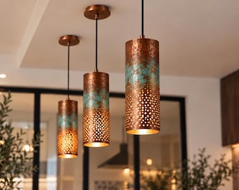 Aged Bronze Cylinder Pendant Light with Green Patina and Perforated Detail