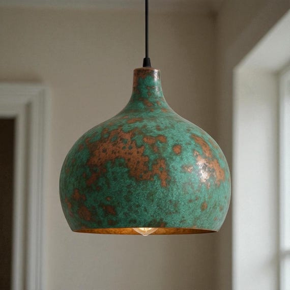 Green Patina Brass Pendant Light – Handmade Oxidized Bronze Ceiling Lamp for Kitchen Island & Dining, Rustic Modern Lighting Fixture