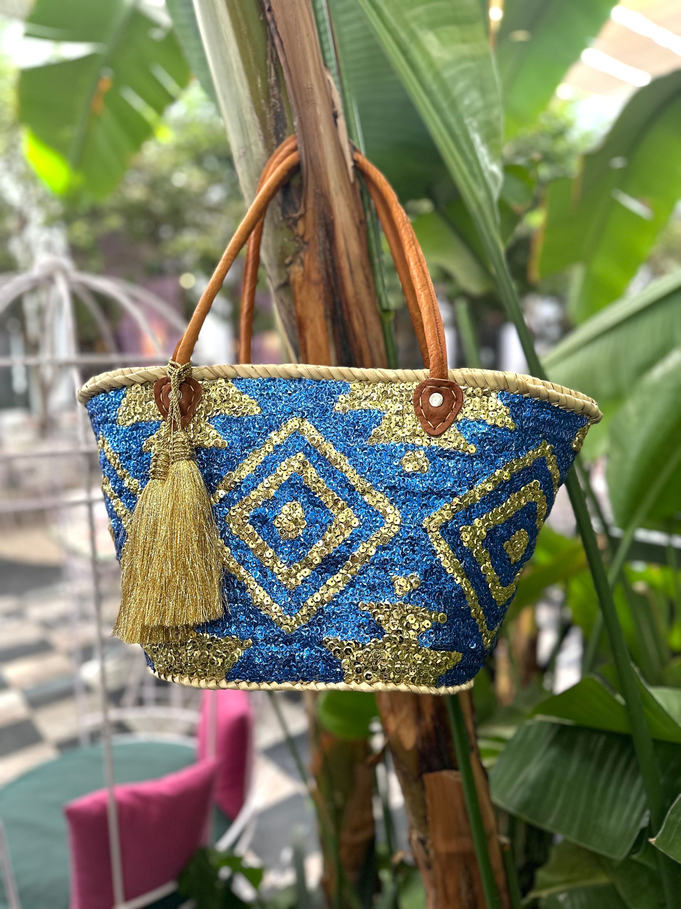 Handwoven Straw Bag Sequins and Leather Handles | Moroccan Basket Bag | Beach Bag | Tote Bag | Gift for Her