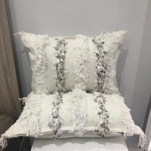 Set of 2 Moroccan Wedding Blanket Pillows 24x16 | Bohemian White Moroccan Pillow Lumbar Sequins