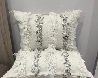 Set of 2 Moroccan Wedding Blanket Pillows 24x16 | Bohemian White Moroccan Pillow Lumbar Sequins