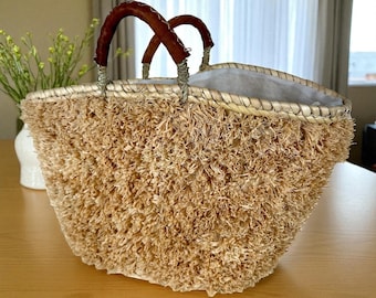 Fluffy Bohemian Handwoven Raffia Tote Bag –  Straw Beach Bag with Leather Handles finishing (17” x 10”) - eco friendly Raffia handbag