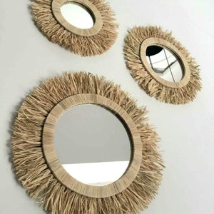 Accrochage mural rond Miroirs en raphia | Miroirs décoratifs Boho | Lot de 3 miroirs à franges de paille