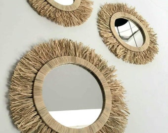 Accrochage mural rond Miroirs en raphia | Miroirs décoratifs Boho | Lot de 3 miroirs à franges de paille