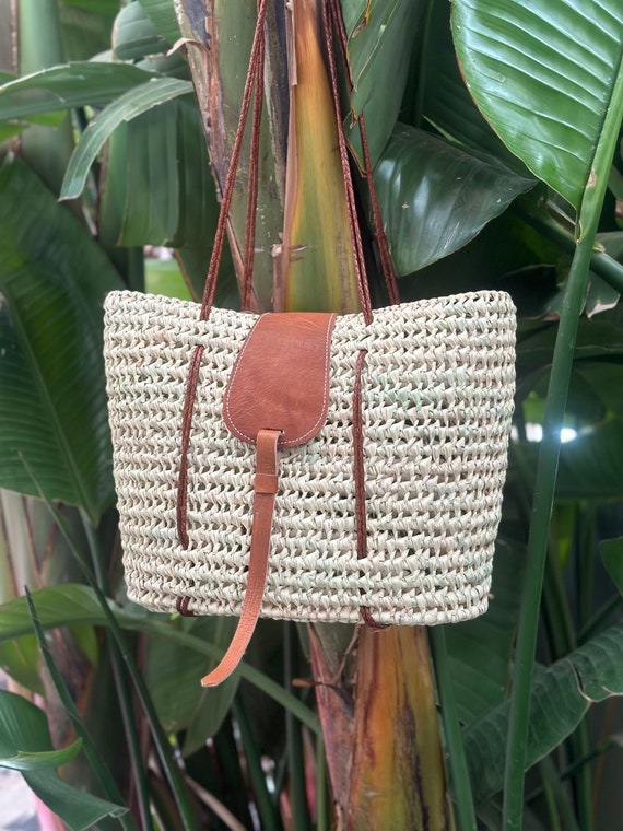 Woven Straw Bag Leather Handles Moroccan Basket Bag Beach Bag