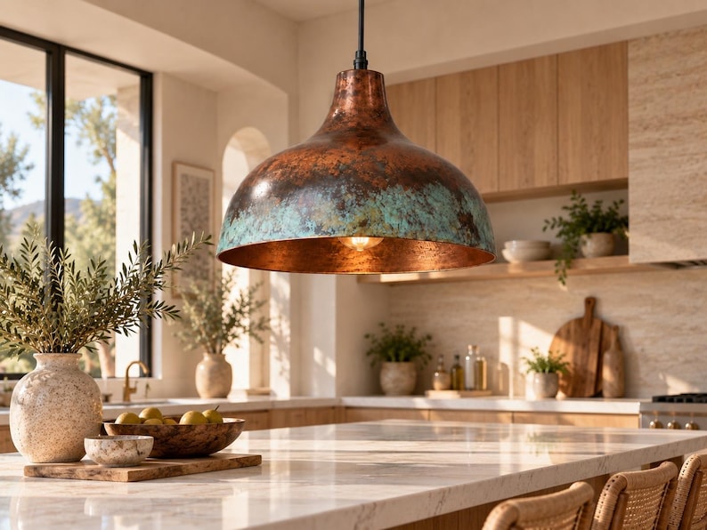 May include: A dome-shaped pendant light fixture featuring a weathered copper finish with prominent teal-colored oxidation patches. The interior of the wide metal shade is smooth and reflective, housing a single glowing light bulb at its center.