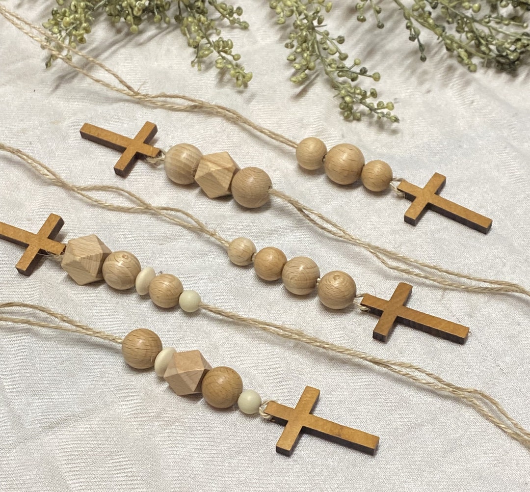 Wooden Cross Beaded Car Mirror Hangers, Christian Gift Wood Cross Rear