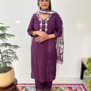 Handcrafted Roman Silk Kurti Set for Women - 3 Piece Suit with Dupatta | Hand Embroidered Ethnic Outfit | Partywear Kurti Pant Set