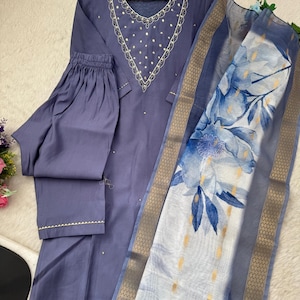 Handcrafted Roman Silk Kurti Set for Women - 3 Piece Suit with Dupatta | Hand Embroidered Ethnic Outfit | Partywear Kurti Pant Set