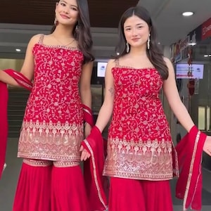 Magenta Embroidered Sharara Suit: Georgette Indian Wedding Wear