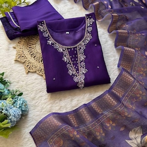 Purple Gadwal Kurti Set for Women – 3 Piece Suit with Jacquard Dupatta | Handwork Ethnic Dress | Indian Partywear Kurti Pant Set